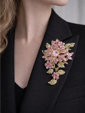 Pink Floral Rhinestone Brooch Gold Flower Statement Pin